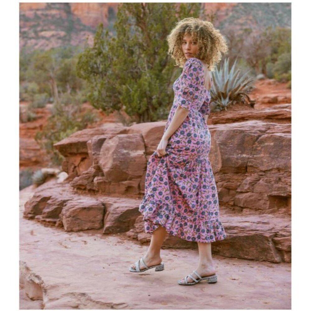 Eddy Barbara Square Neck 100% BCI Cotton Dress Pale Magenta & Indigo Floral 16 - Picture 6 of 9